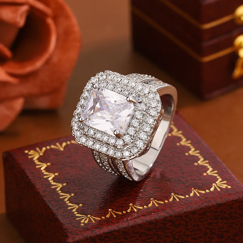 Exquisite 925 Silver-plated Ring for Women's - Fashionable Dazzling Zirconia Anniversary Engagement Jewelry Diamond Ring - 4