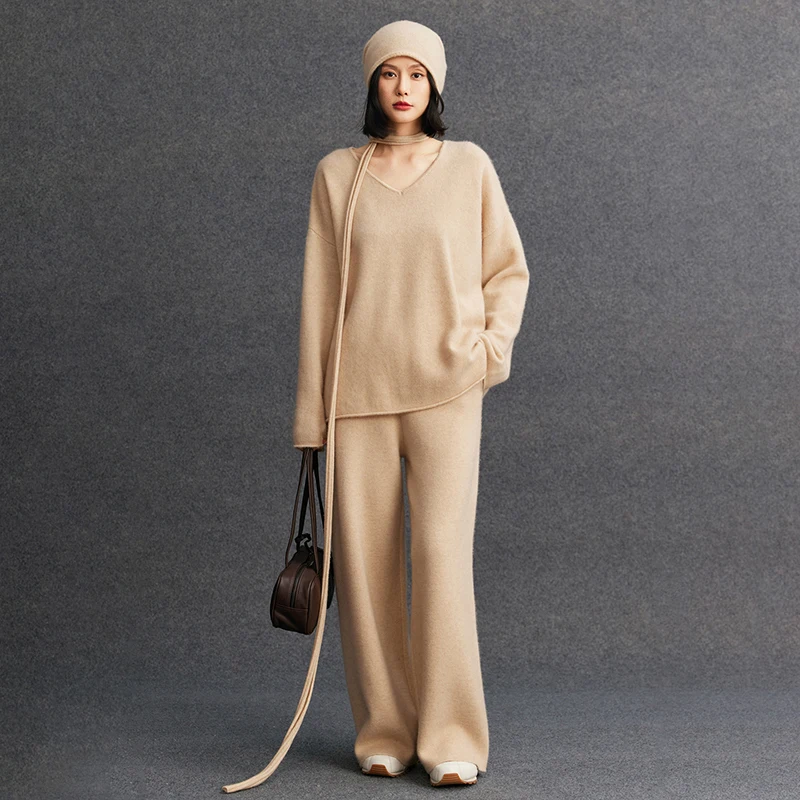 Women's matching set 100% cashmere loose rolled edge V-neck pullover sweater casual solid knitted wide leg pants two-piece set 1
