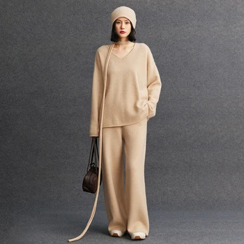 Women's matching set 100% cashmere loose rolled edge V-neck pullover sweater casual solid knitted wide leg pants two-piece set 1