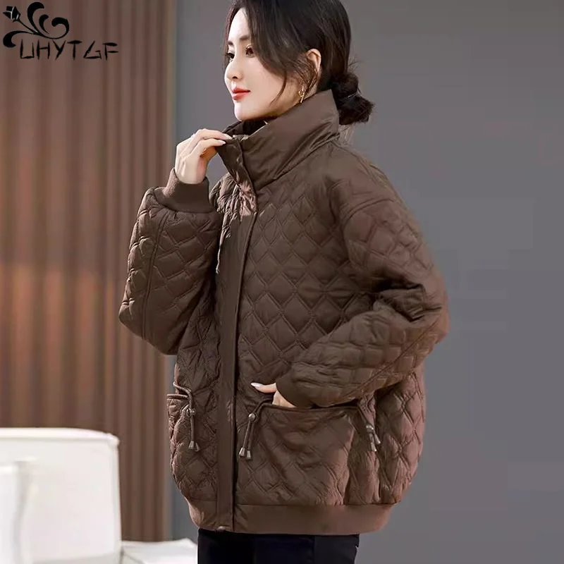 

UHYTGF XL-5XL Cotton-Padded Coat Women Autumn Winter New Stand Collar Zipper Casual Chic Female Short Down Cotton-Padded Jacket