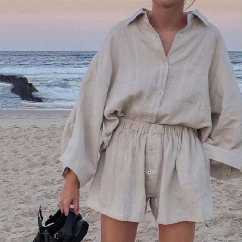 Summer Oversized Casual Linen Solid Shorts Women Set Loose Single-breasted Shirt and Elastic Waist Trousers Ladies 2 Pieces Sets
