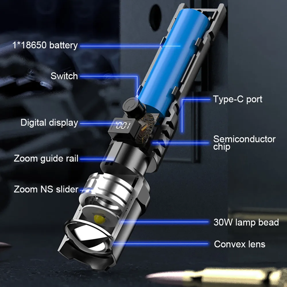 Description Picture 2 of itemPortable Spotlight Long Range 30W Lightweight LED Flashlight Type-C Built-in 18650 Battery Telescopic Zoom LED Tactical Torch