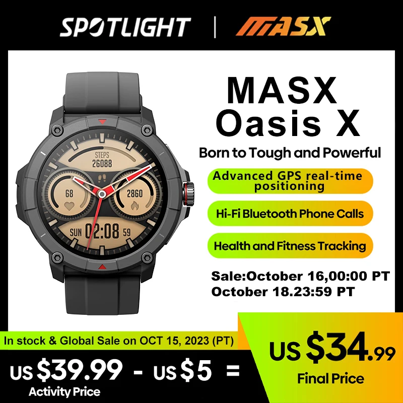 MASX Oasis X Premium GPS Smart Watch alexa Ultra HD Display Built-in GPS Hi-Fi Bluetooth Phone Calls Military Grade Sports Watch