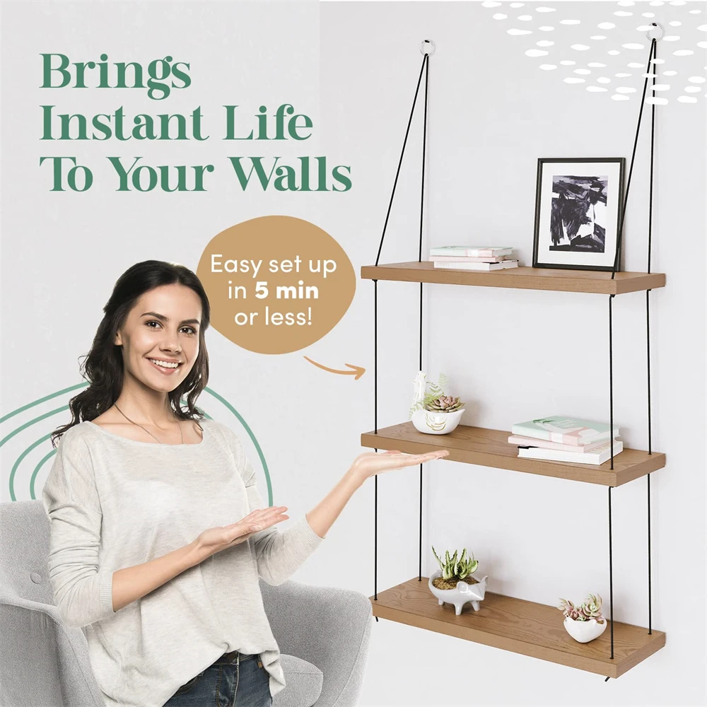 Wood Floating Shelf 3 Tier For Wall Cute Boho Plants Shelves Plant Shelves for Bedroom Living Room Decor Macrame Floating Shelf 5