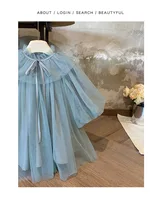 Robe en Tulle de couleur unie pour petites filles, décolleté à volants, nœud papillon au dos, manches bouffantes, jupe élégante en maille superposée 5