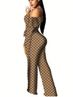 Plaid Print Rompers Womens Jumpsuit Off Shoulder Ruffles Long Sleeve Bandage Overall Elegant Belted Plus Size Wide Leg Bodysuit - Image 3
