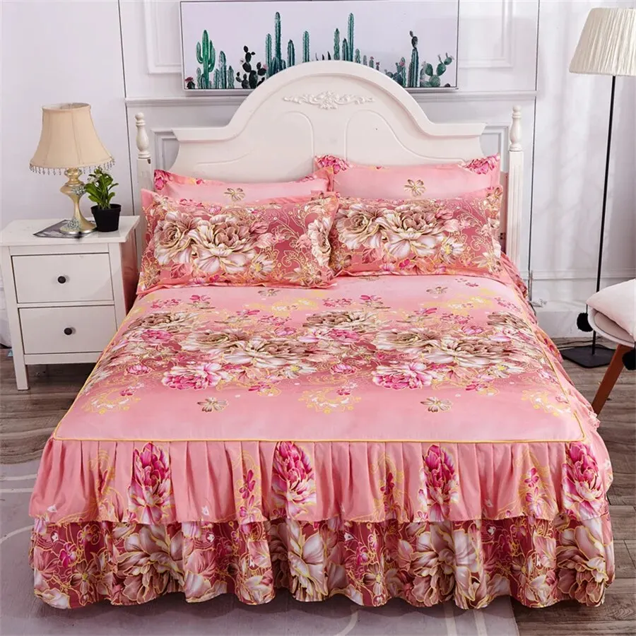 Bed Skirt Set 3PCS Bedsheet * 1 Pillowcase * 2 Coreless Printed Bedskirt All Season Universal Anti Slip bed skirt