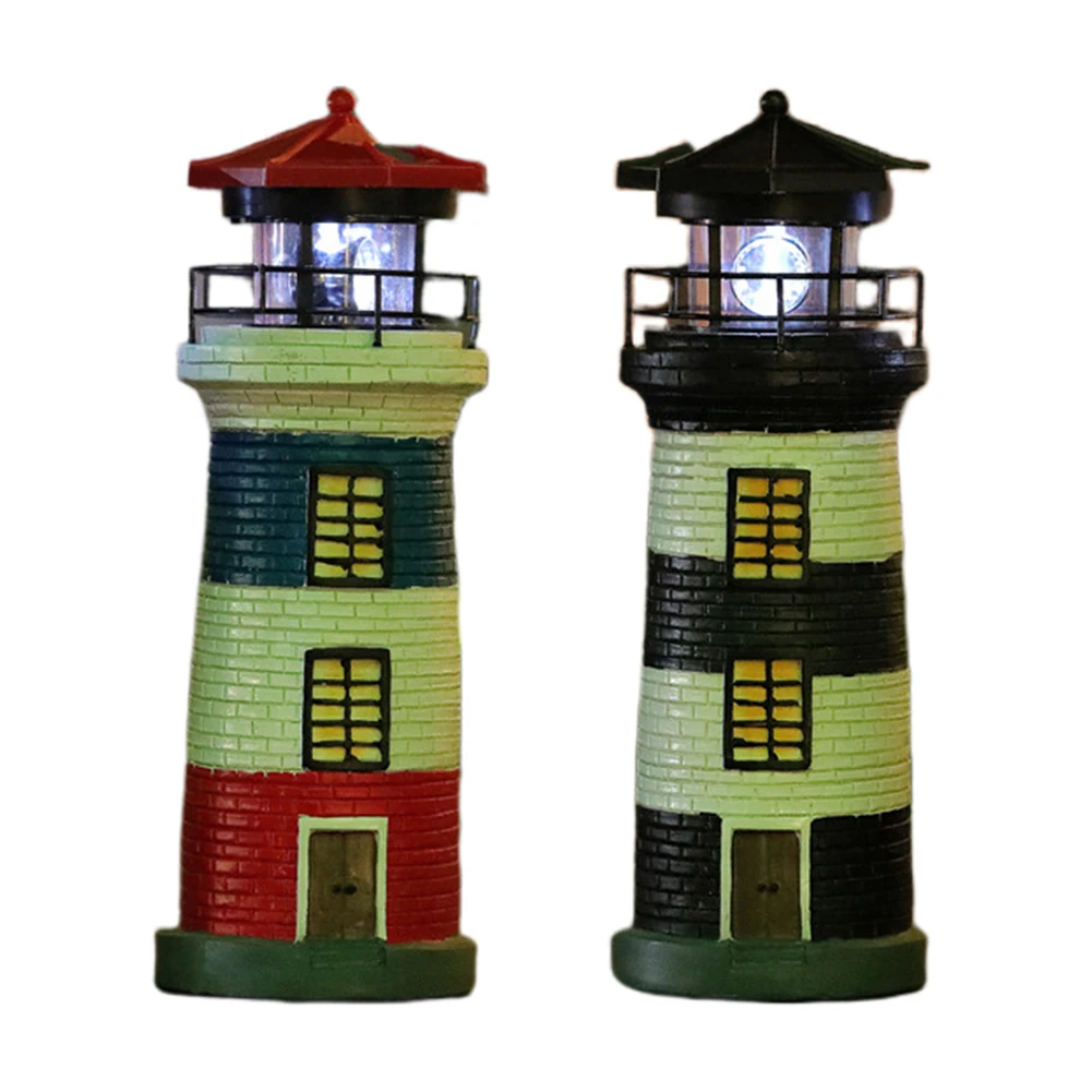 Solar Powered Resin Rotating Lighthouse Lamp Decorative Lighthouse Light Lighthouse Lantern Ornament for Garden Patio Lawn