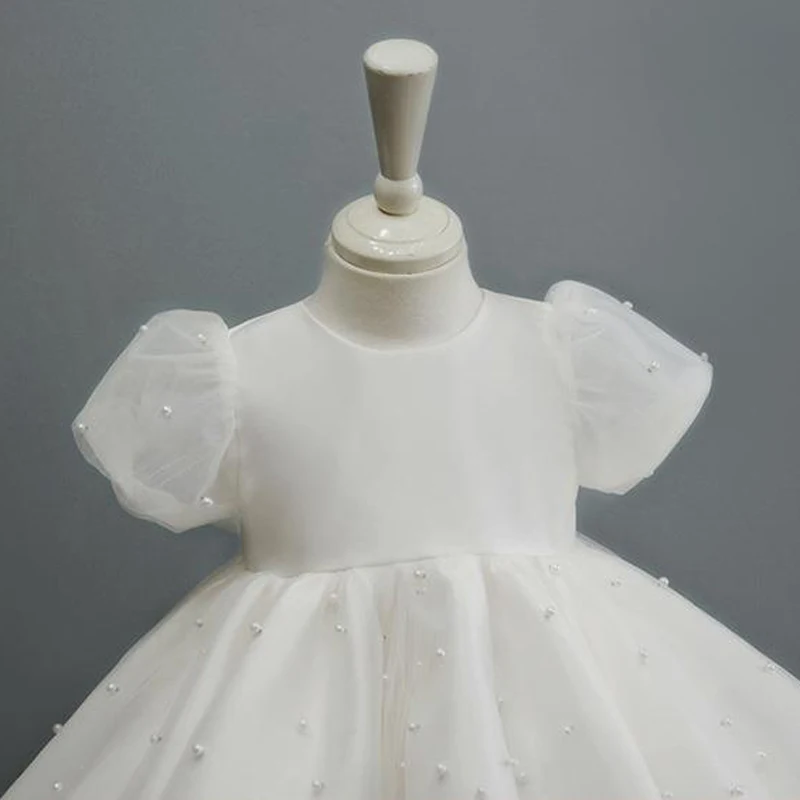 IYEAL Flower Baby Girls 1st Birthday Dresses 2024 New O- Neck Bow Mesh Dress Children White Bubble Short Sleeve Princess Dresses