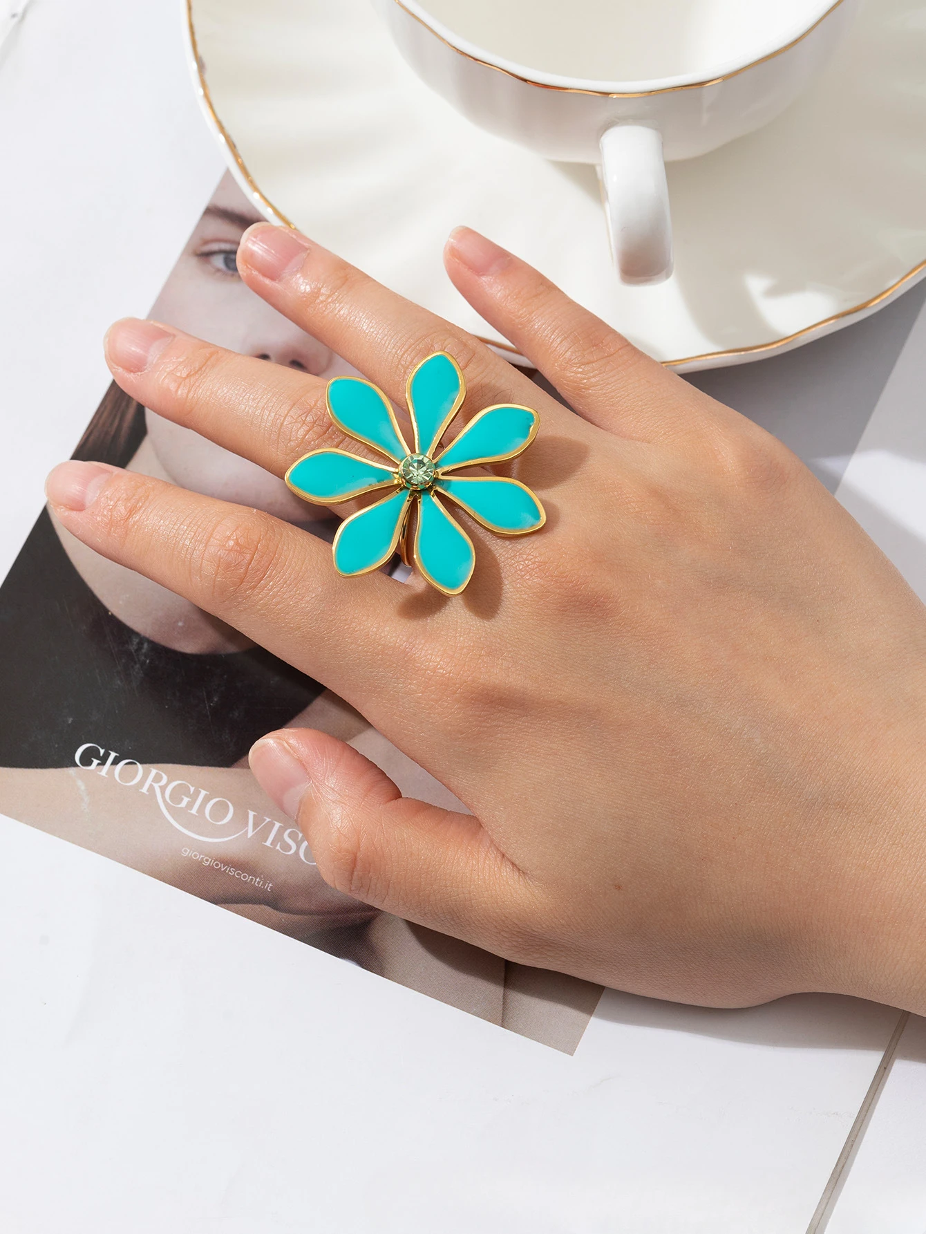 Mode Frauen Nette Gold Überzogene Flora Emaille Epoxy Edelstahl Einstellbare Ring Für Sommer Böhmen Stetement Schmuck – Detail 10