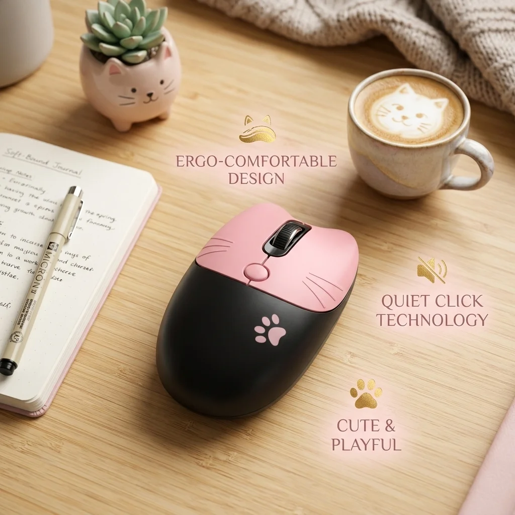 귀여운 고양이 무선 배터리 마우스, 여성용 휴대용 무소음 클릭 미니 디자인 마우스, 노트북 PC 사무실 컴퓨터 마우스용