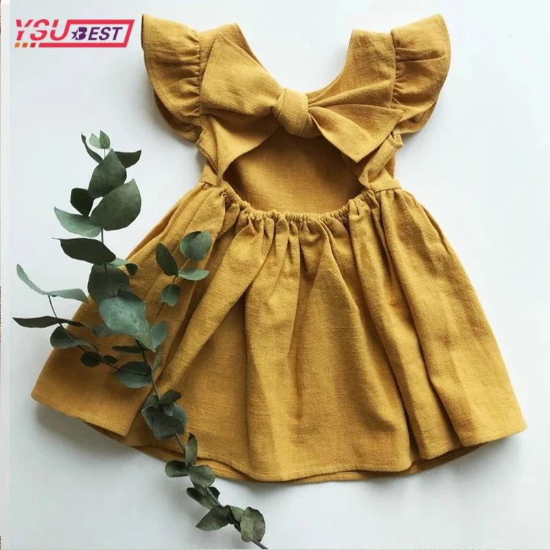 

Новое летнее платье с оборками для маленьких девочек, милое льняное хлопковое ТРАПЕЦИЕВИДНОЕ ПЛАТЬЕ для детей, однотонная повседневная одежда