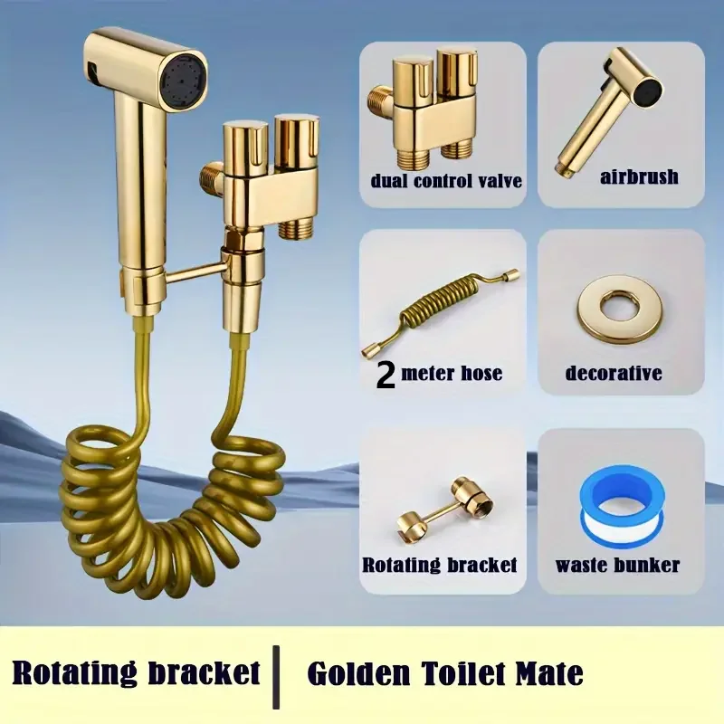 Premium toilet spray gun with gold finish, wall mounted, equipped with handheld bathtub sprayer and 2m hose dual spray