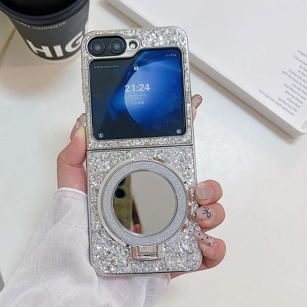 Luxury Glitter Sequins Bling Magnetic Stand Phone Case with Make-up Mirror and Folding Bracket Cover