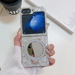 Luxury Glitter Sequins Bling Magnetic Stand Phone Case with Make - up Mirror and Folding Bracket Cover - Samsung Z Flip 5 (Silver)