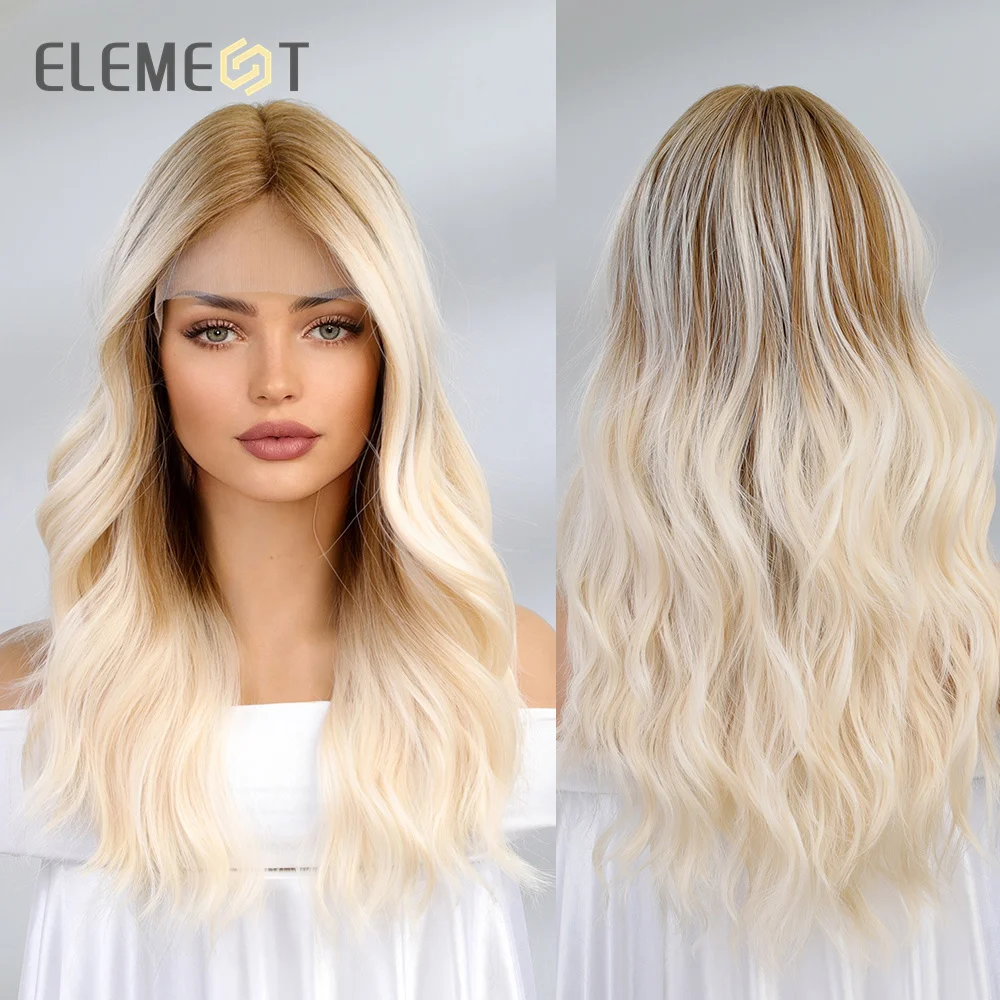 

ELEMENT HD Lace Front Wigs Synthetic Hair Long Water Wavy Ombre Brown to Blonde Daily Party Wig for Women Transparent Glueless