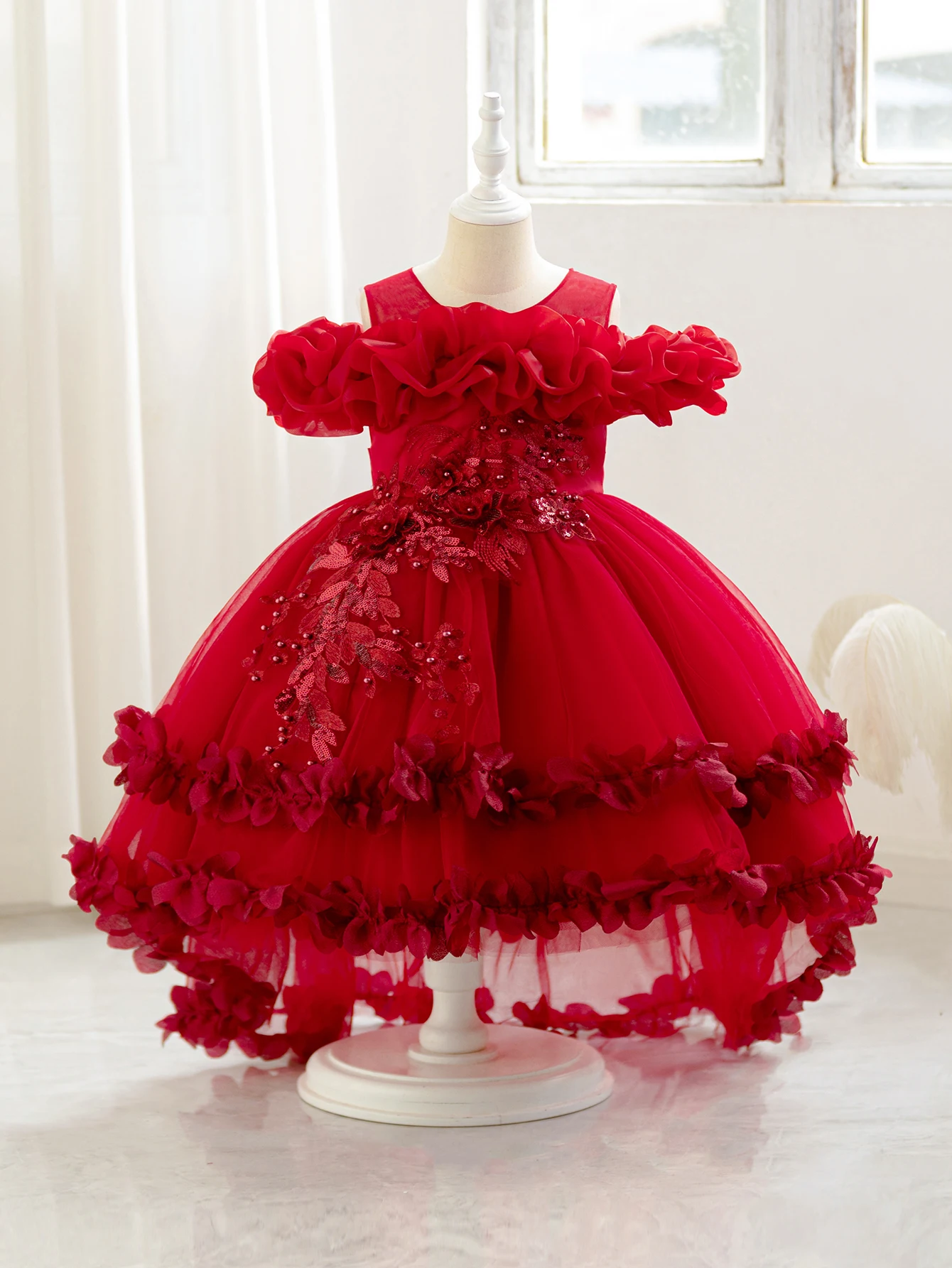 Neues Kinderkleid Schulterfreies Geburtstags-Prinzessinnenkleid Einfarbiges Hochzeitskleid Festtagskleid mit Dreidimensionalen Blumen