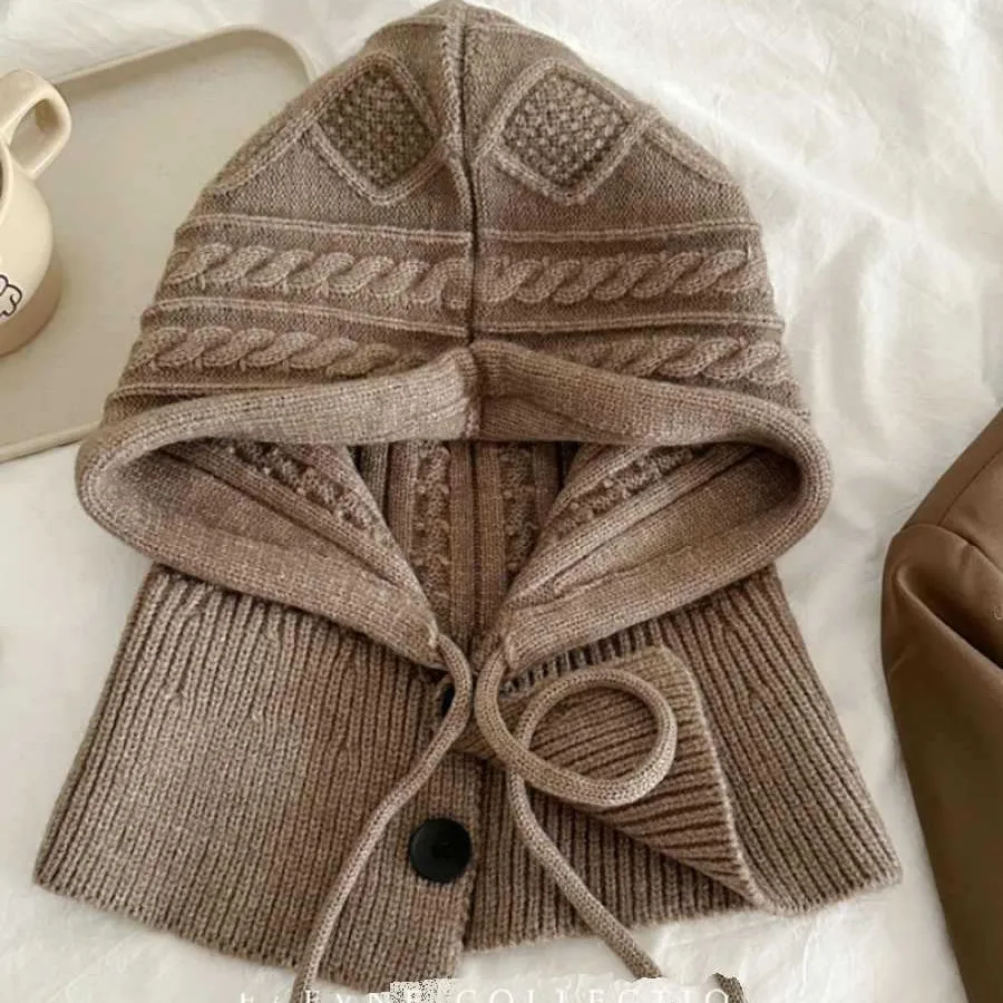Knitted Balaclava Hat Winter Warm Thicken Imitation Cashmere Scarf Set Shawl Pullover Hat Accessories For Women Girl 6