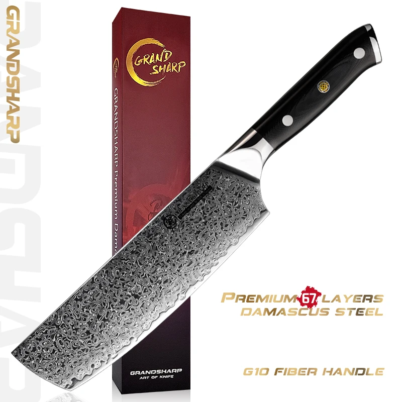 

GRANDSHARP 6.7 Inch Nakiri Knife Japanese AUS-10 Steel Damascus 67 Layers Kitchen Knives Chef Cooking Tools with G10 Handle