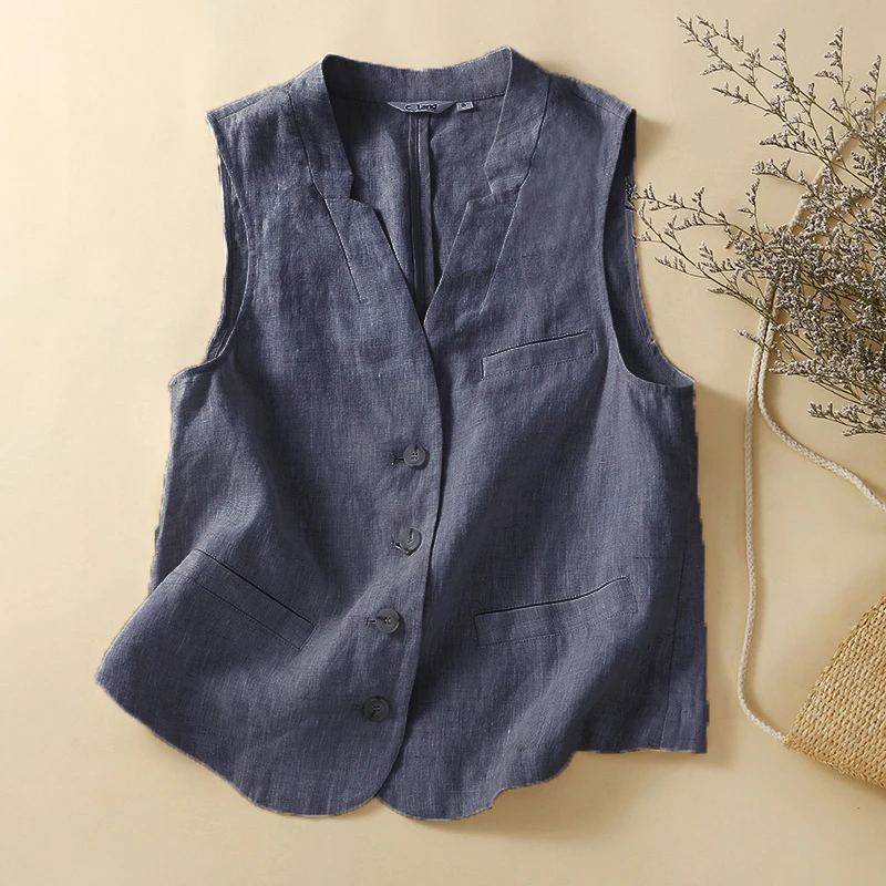 Vintage Damen Weste Baumwolle Leinen Lässige Lose Weste Oberbekleidung Einreiher V-Ausschnitt Ärmellose Westen Jacken 2024 Sommer Top – Detail 3