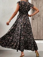 Plus Size Cross border European and American Women's Summer New Style Fashion Floral Long Sleeve Waist Large Swing Connection - Image 4