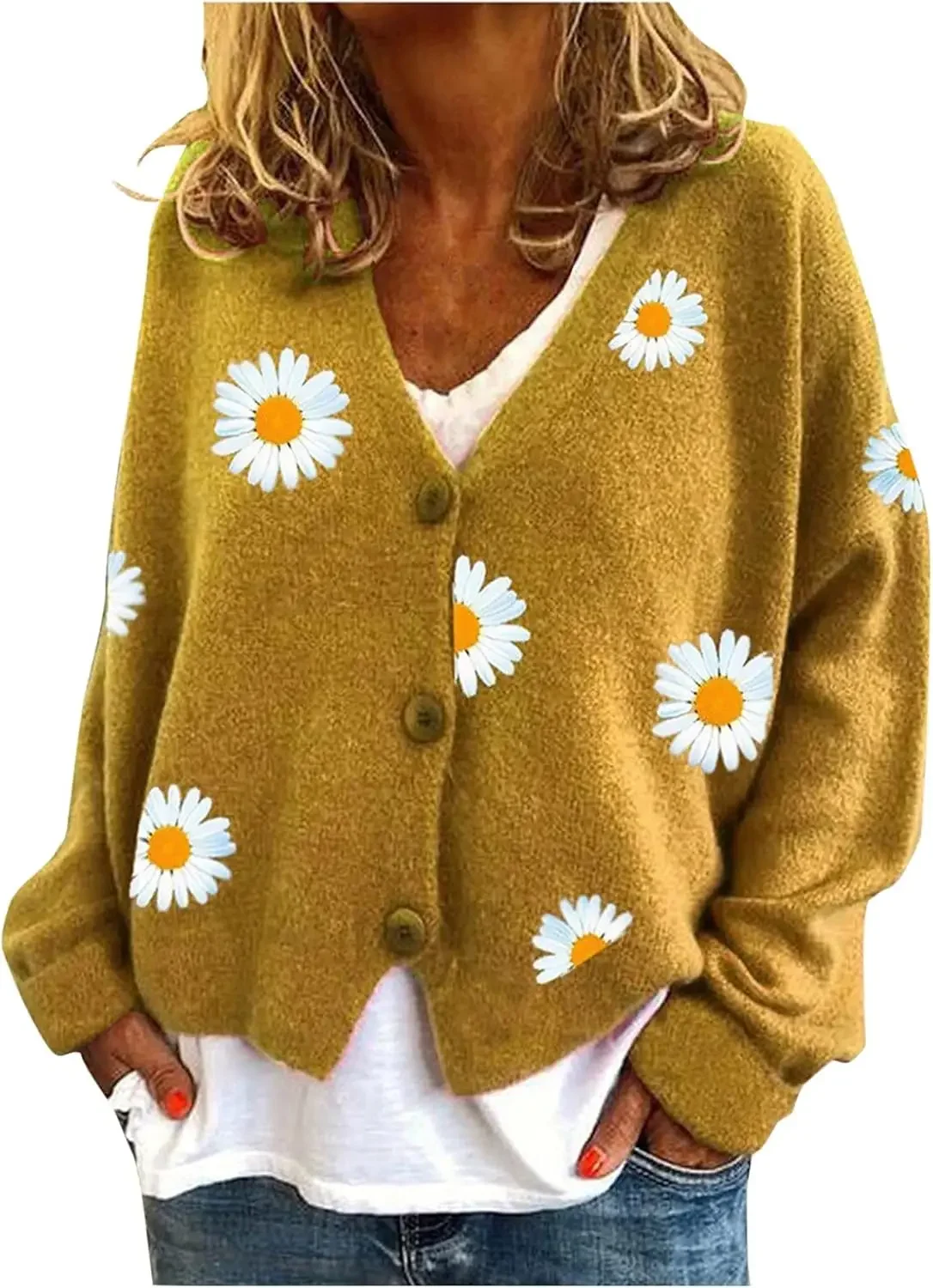 Women's Floral Print Long Sleeve V-Neck Sweaters Button Down Ribbed Cuffs Knit Cropped Cardigan Sweater 6