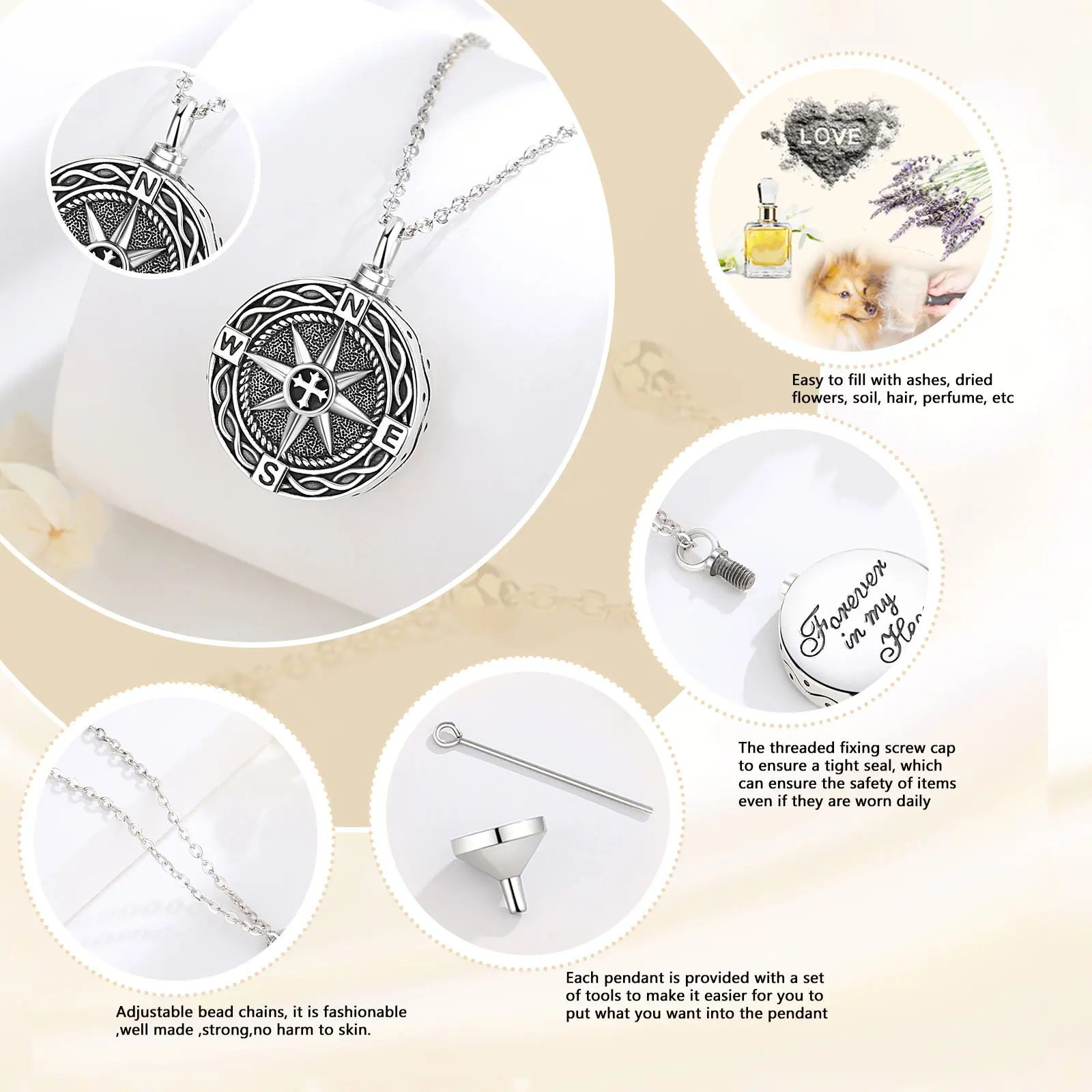 Eudora 925 Sterling Silver Compass Ashes Urn Locket Pendant Necklace Vintage Cremation Urn Memorial Jewelry Gift for Women Men