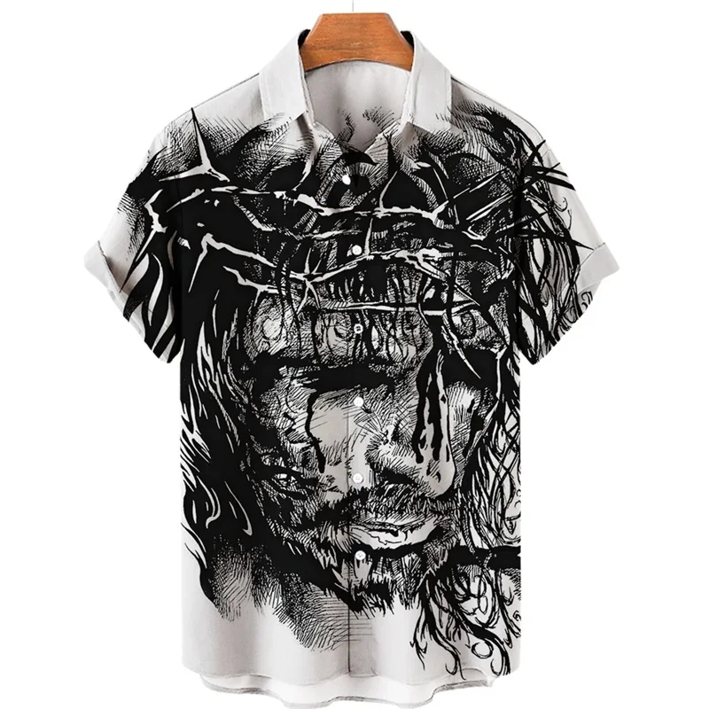thumbnail image 1 of Camisas hawaianas con estampado 3D de Dios, Jesús, María, para hombre, camisetas casuales de manga corta con estampado 3D, camisetas de gran tamaño, ropa superior, camisas con botones para hombre, blu, 1 of 5