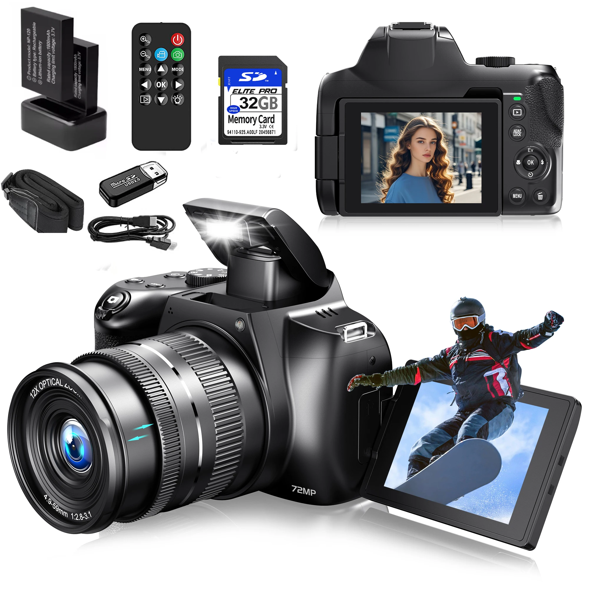 4K HD Digital Camera for Photography 12X Optical Zoom Vlogging Camera 72MP YouTube WiFi Livestream Video Cameras 270°Flip Screen