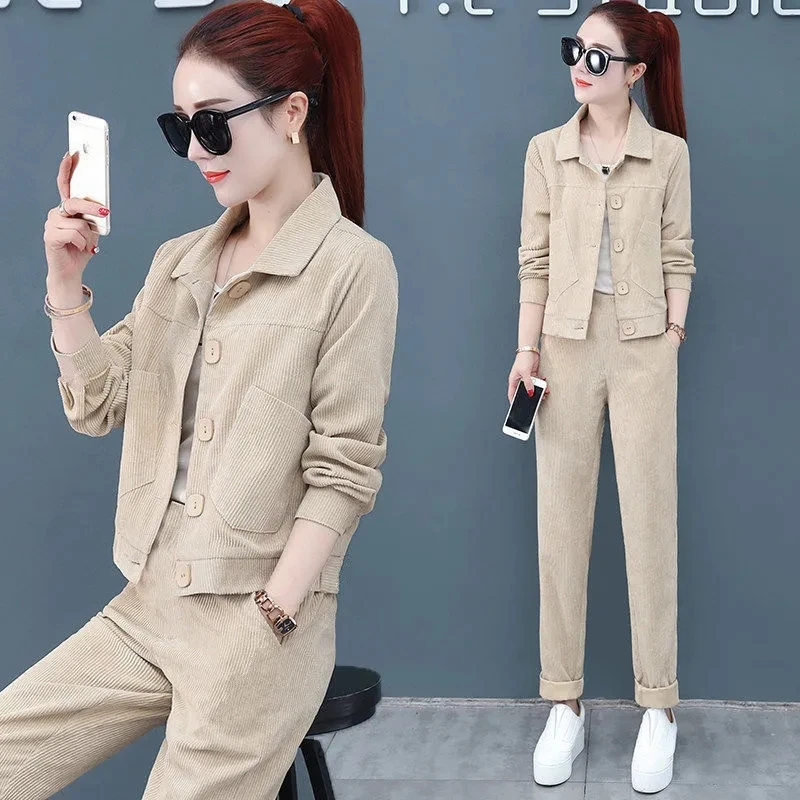 Fashion Corduroy Suit Women 2023 Spring Fall Outfits 2 Piece Set Loungewear Pants Ensemble Femme Conjuntos Classic New Tracsuits