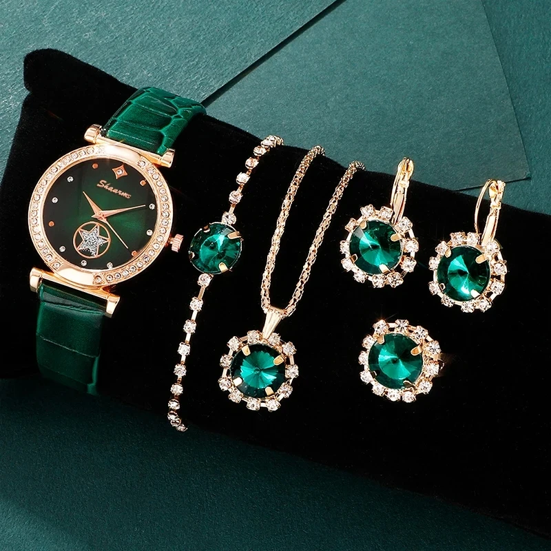 Women Watches 6PCS Set Quartz Watch Ring Necklace Earring Bracelet