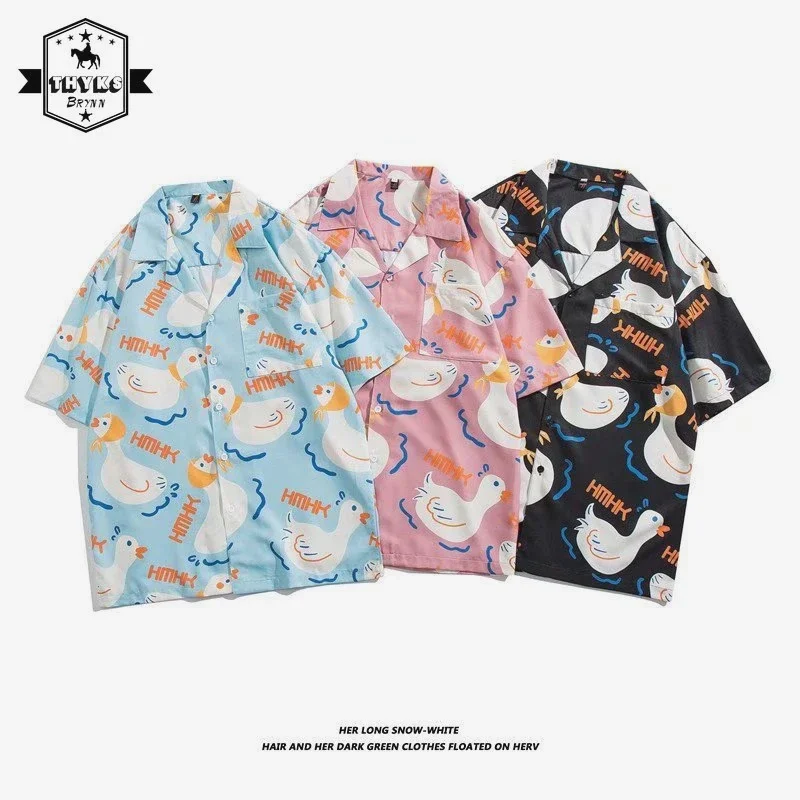 

Harujuku Printed Short Long Sleeve Duck Print Shirt Women Men 2023 Hawaii Beach Casual Street Oversize Fashion Shirts Couple New