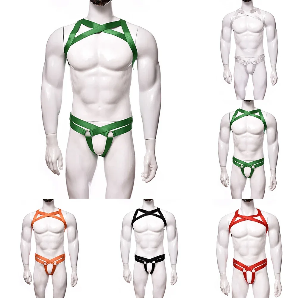 Mens Sexy Underwear Enlargement Chest Straps Dance Performances ThreePoint Suits Backless Breathable G-String Bodysuit
