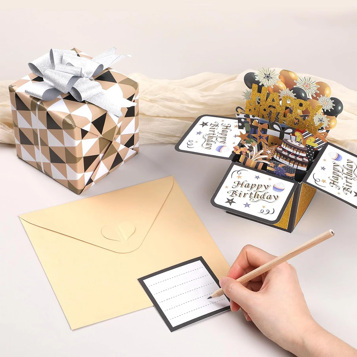Happy Birthday Card Black and Gold 3D PopUp Greeting Cards Gift for Kids Wife Husband Birthday Gift Festive Party Supplies