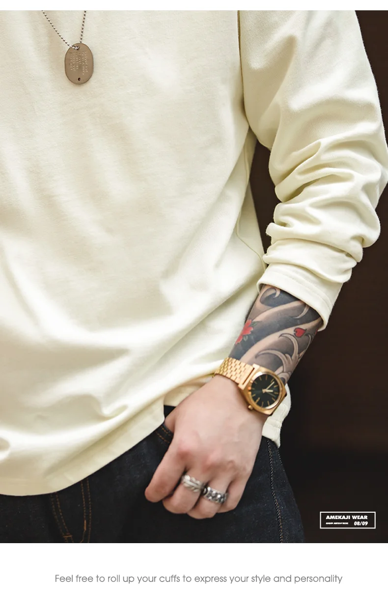 Maden Basic Long Sleeve Cotton T-shirt for Men Beige Round Collar Bottom Shirts Spring and Autumn Inner Sweatshirt Men's T-shirt