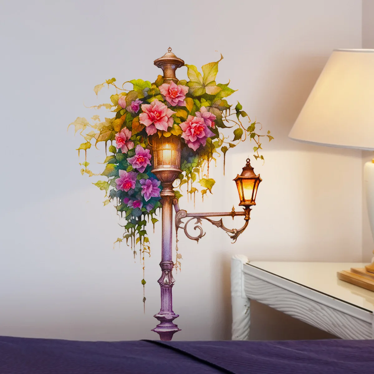 European Ins-Style Flower & Streetlight Wall Sticker - Self-Adhesive Decal for Bedroom, Living Room Background Wall (30x40cm)