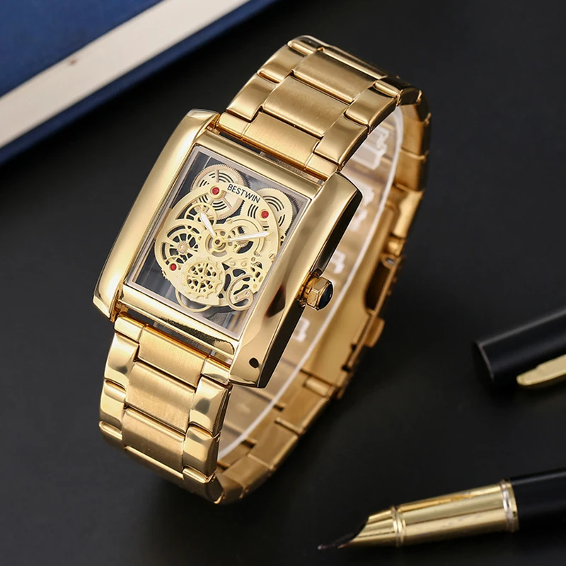 

Часы наручные мужские кварцевые с полым корпусом, люксовые брендовые прямоугольные, люксовые золотистые, с браслетом из стали, в деловом стиле