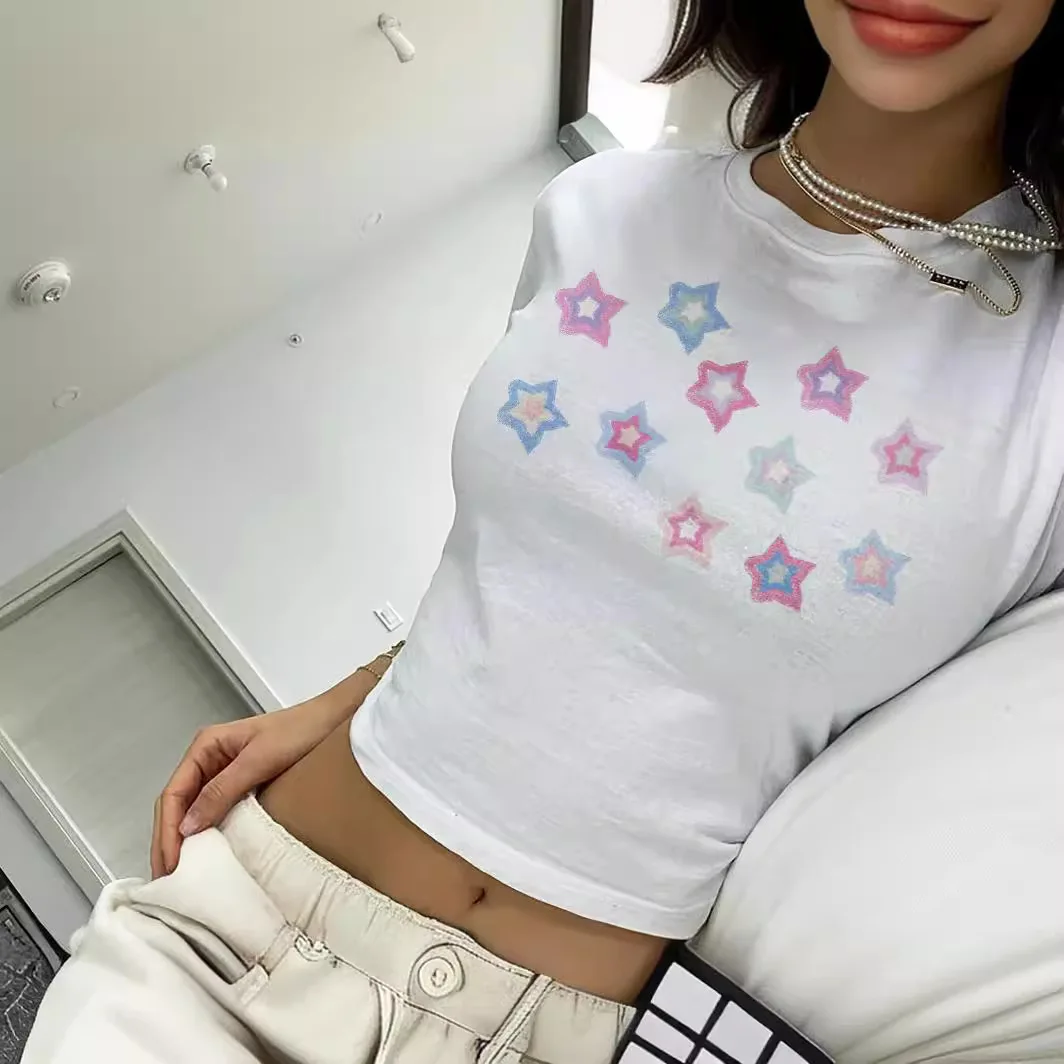 

2024 Summer New Multicolor Stars Print Round Neck Tight Short Sleeve Revealing T-Shirt Top Hot Sale Women's Clothes Prom T-shirt