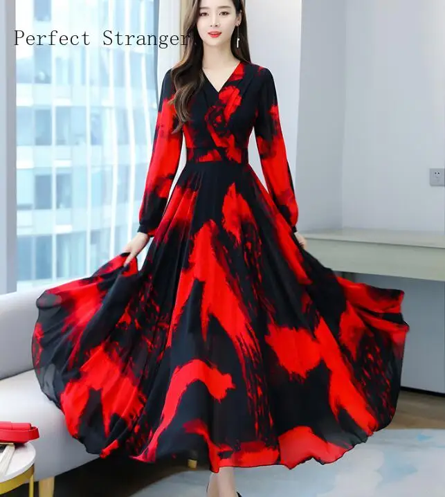 

Женское шифоновое платье с цветочным принтом, длинное платье в богемном стиле с V-образным вырезом и длинным рукавом, весна-лето 2024