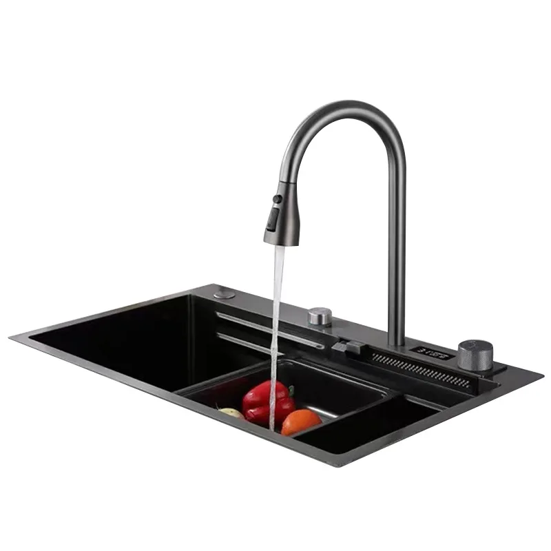 waterfall digital display faucet multi-functional Farmhouse sink with Kitchen Sink Accessories with Cup Washer Sinks 4 modes pull out kitchen faucet rainfall waterfall basin faucet for kitchen sink tap for sink 180 degree rotation bubbler