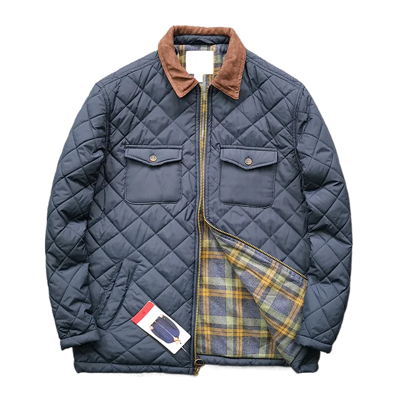 Men's Diamond Check Clamp Cotton Jacket Waterproof With Pocket Cargo