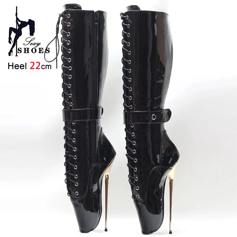 2025 New style Lace-up Ballet Boots Gothic stiletto heel Shoes sexy Fetish Club wear Women 22CM Metal Fine Heel Mid-calf Boots