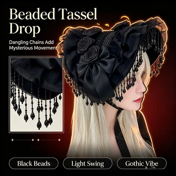 Cappello Gotico per Cosplay Halloween 2026, Cappello Nero con Perle, Nappa, Fiocco in Pizzo e Piume per Ragazze, Cappello Punk Cos Jk, Accessorio Fotografico