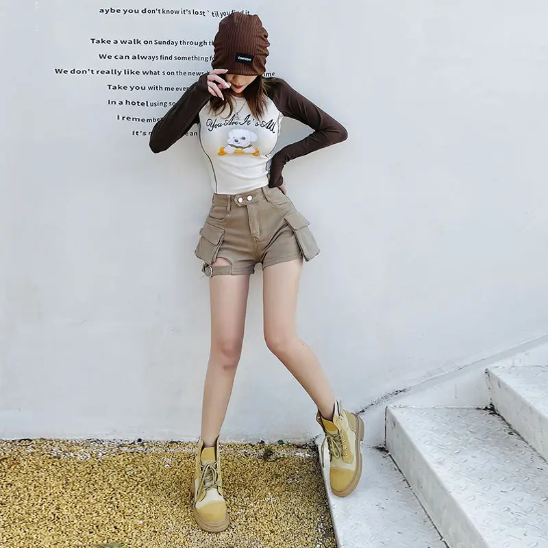 High Waisted Cargo Shorts Khaki Chic Pockets Jeans Shorts Sexy Girl Summer Free Shipping Clothes for Women