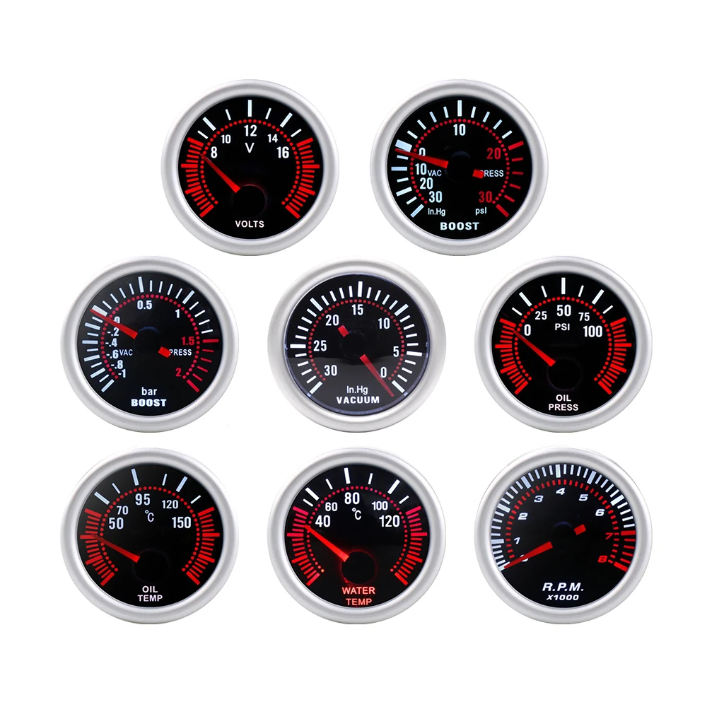 2" 52mm Car Boost Gauge PSI/BAR Vacuum Water Temp Oil Temp Oil Pressure Tachometer RPM Meter Voltmeter Smoke Lens Car Gauges tachometer gauge engine tachometer tachometer meter