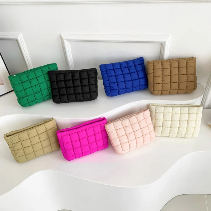 Women Cosmetic Pouch Cotton Padded Quilted Makeup Pouch Large Capacity Makeup Organizer Tote Bag Solid Color Cosmetic Handbags 3