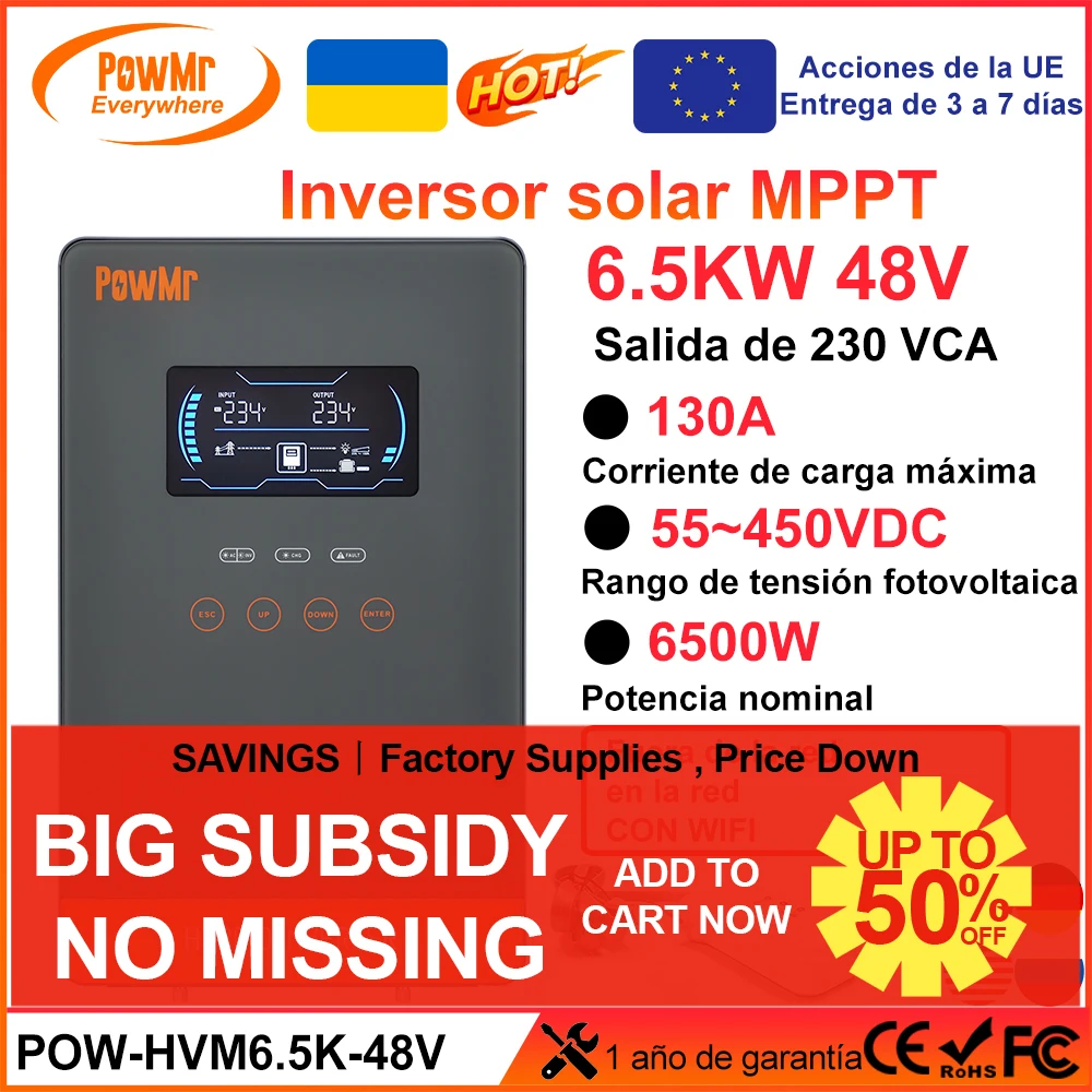 PowMr 6500W 48V All In One Solar Inverter MPPT 130A 230VAC Output PV 450VDC Pure Sine Wave Inversor With 6.25 Inch LCD Screen