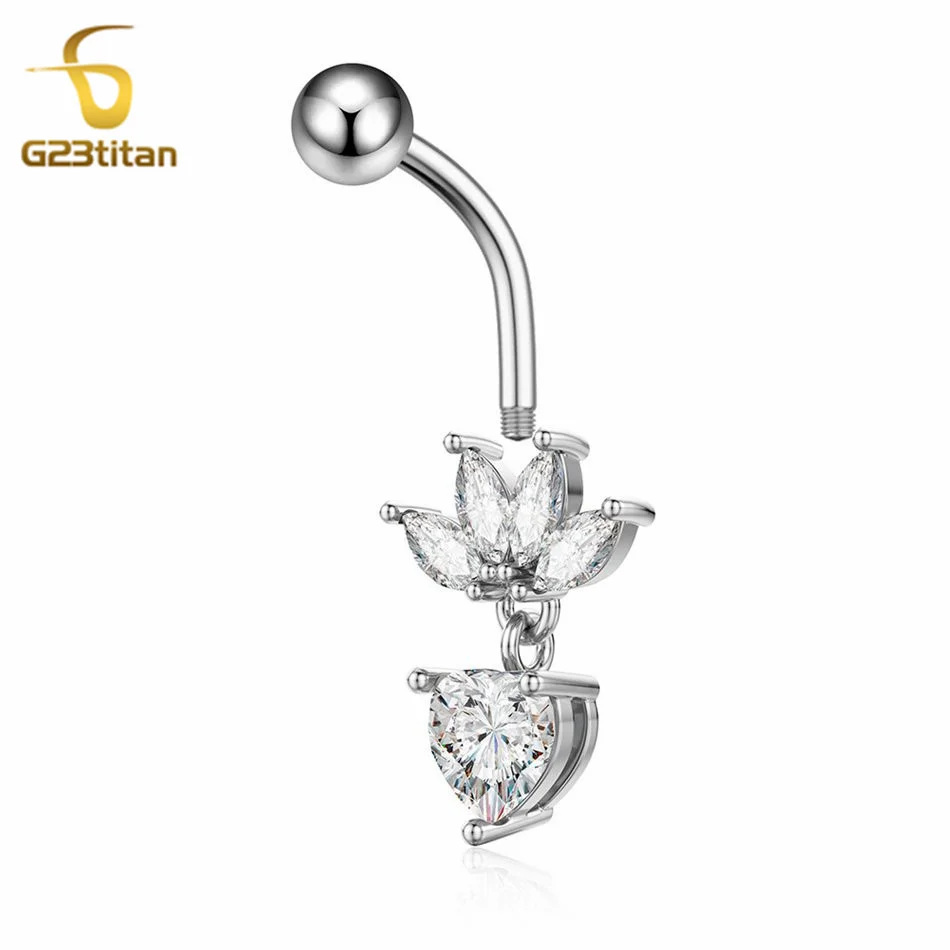 Belly Button Ring Jewelry G23titan Silver Color Lotus Flower Heart Shape Pendant Belly Ring 14G Medical Titanium Curved Barbell Navel Piercing Jewelry