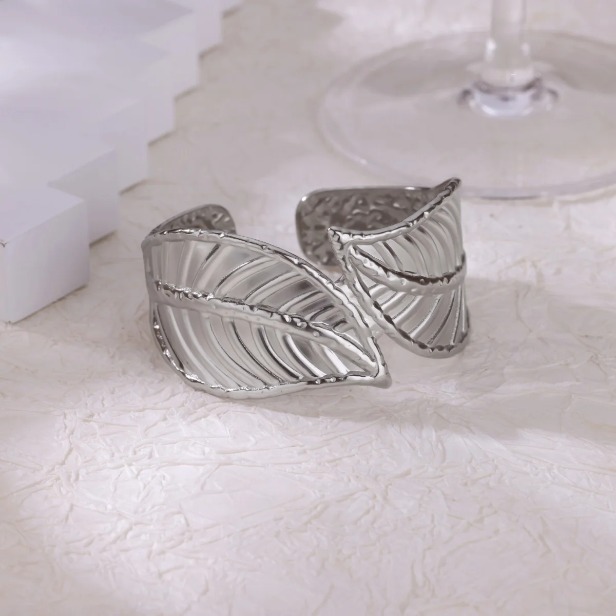 Womens Silver Geometric Leaf Bangle Bracelet for Wedding Gift