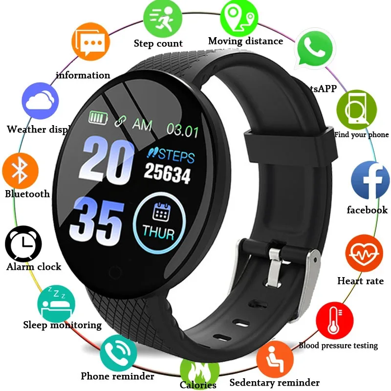 D18 Smart Watch Heart Rate Monitor Men's Women's Smartwatch Round Fitness Digital Watches for Men Women Band Bracelet PK D20 Y68